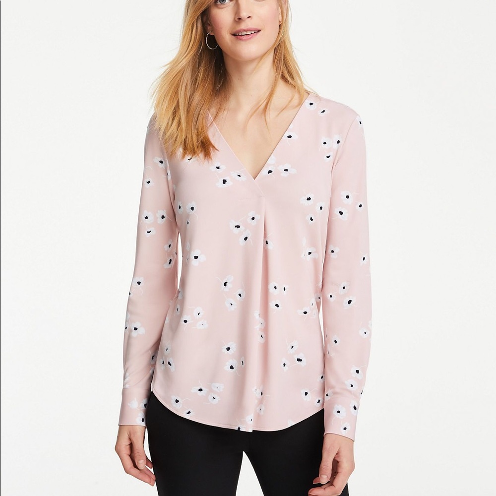 Ann Taylor Floral Matte Jersey Pleat Front Top